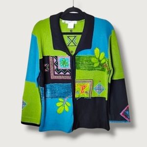 Nancy Bolen Vintage Cardigan Sweater Colorful Folk Art Patchwork Size M